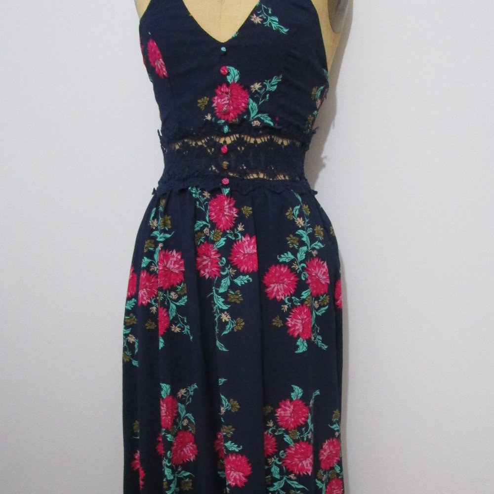 Floral Maxi Halter Racer Dress Fuchsia Navy Blue Crepe - Picture 3 of 10